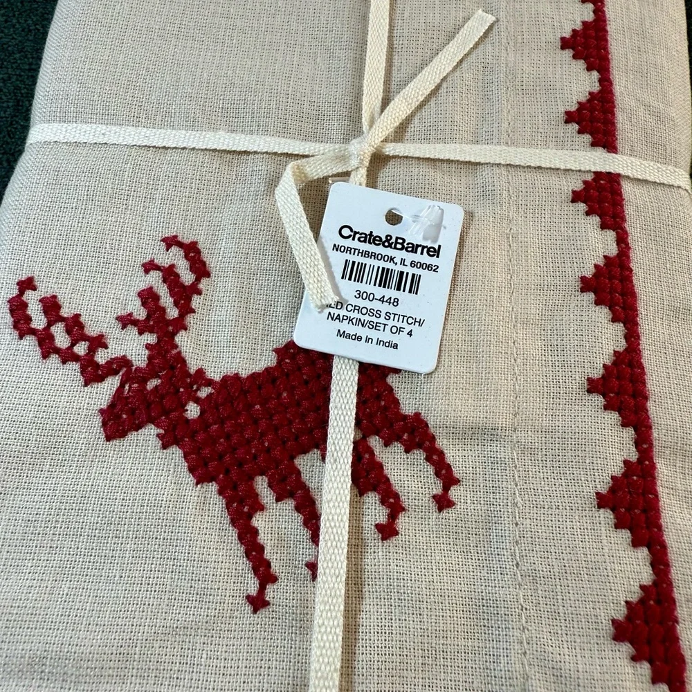 Crate & Barrel Red Cross Stitch Holiday Reindeer Dinner Napkins, Set of 4